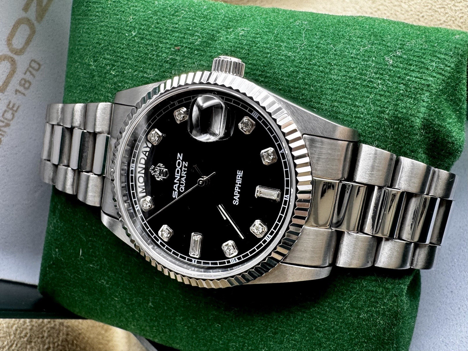 RARE SANDOZ QUARTZ PRESIDENT Silver Sapphire Diamond Black Dial Watch NO G2U