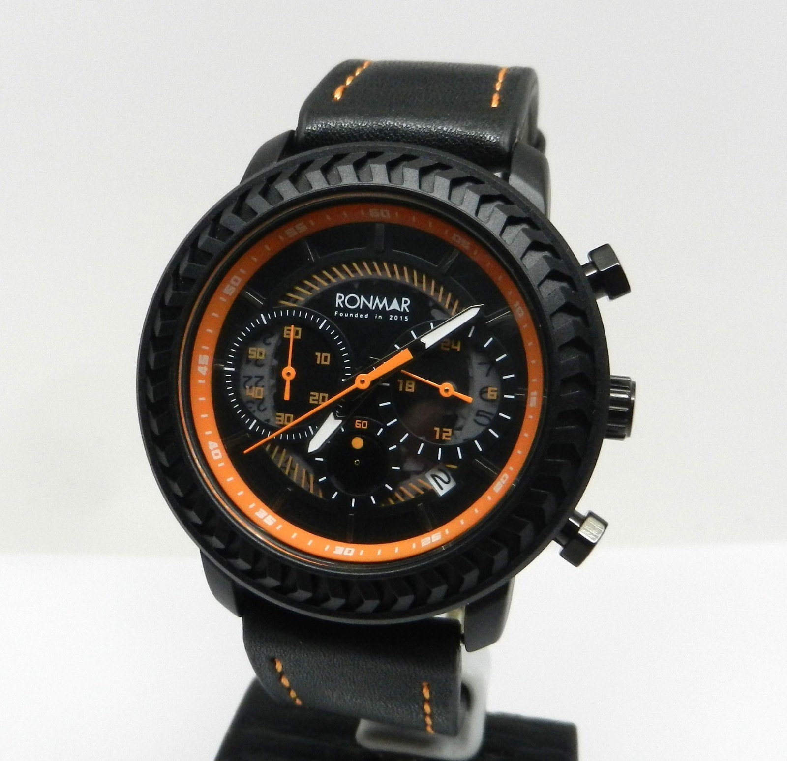 Men’s 44mm Chronograph Date Dial Black Orange With Leather Strap Rugged Watch