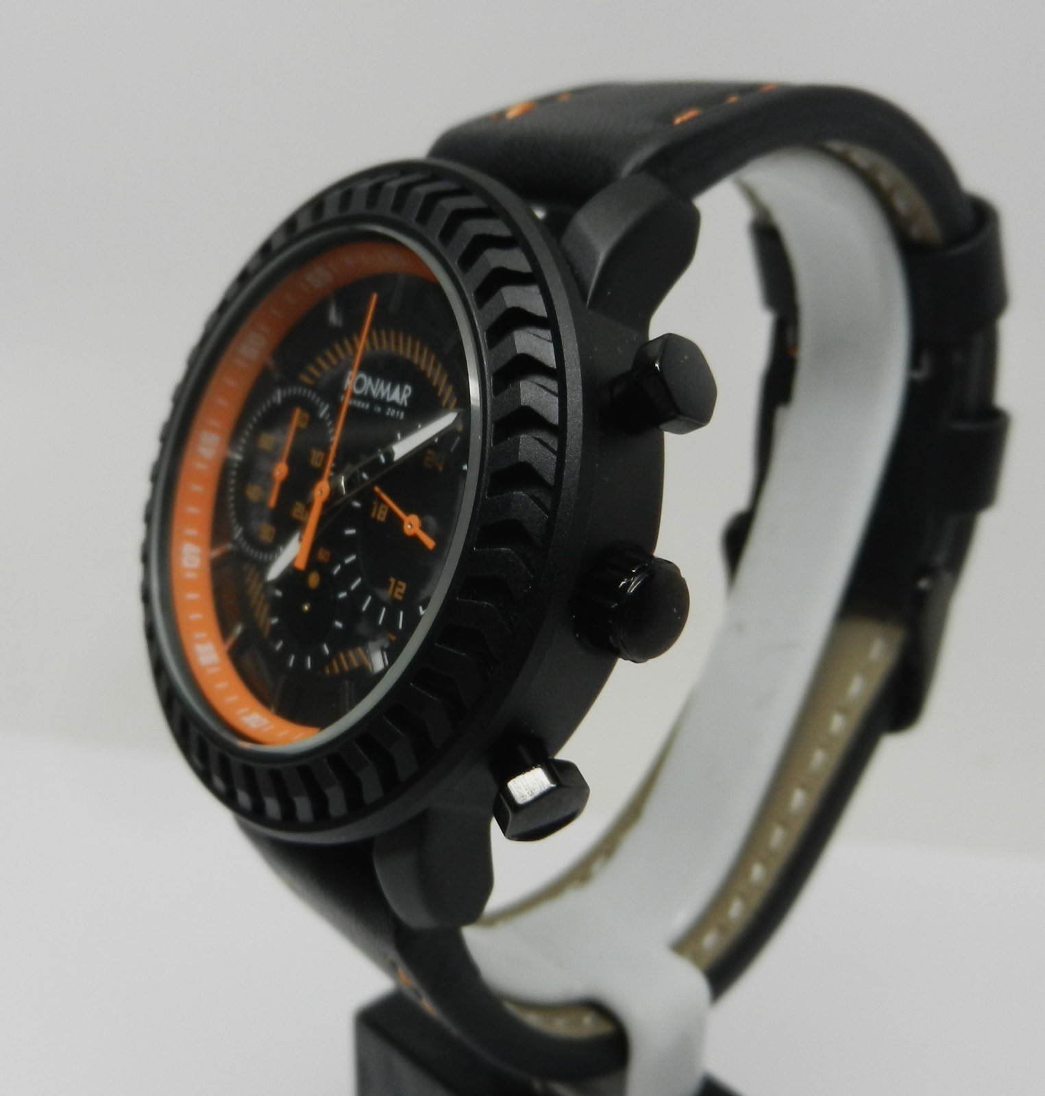 Men’s 44mm Chronograph Date Dial Black Orange With Leather Strap Rugged Watch