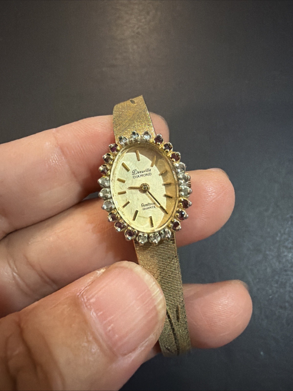 Vintage Deauville Armitron Quartz Diamonds & Ruby Bezel Watch