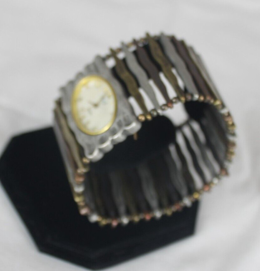 L & J Watch Silver Bronze Earth Tones Boho Woman Bracelet Oval Stretch Metal