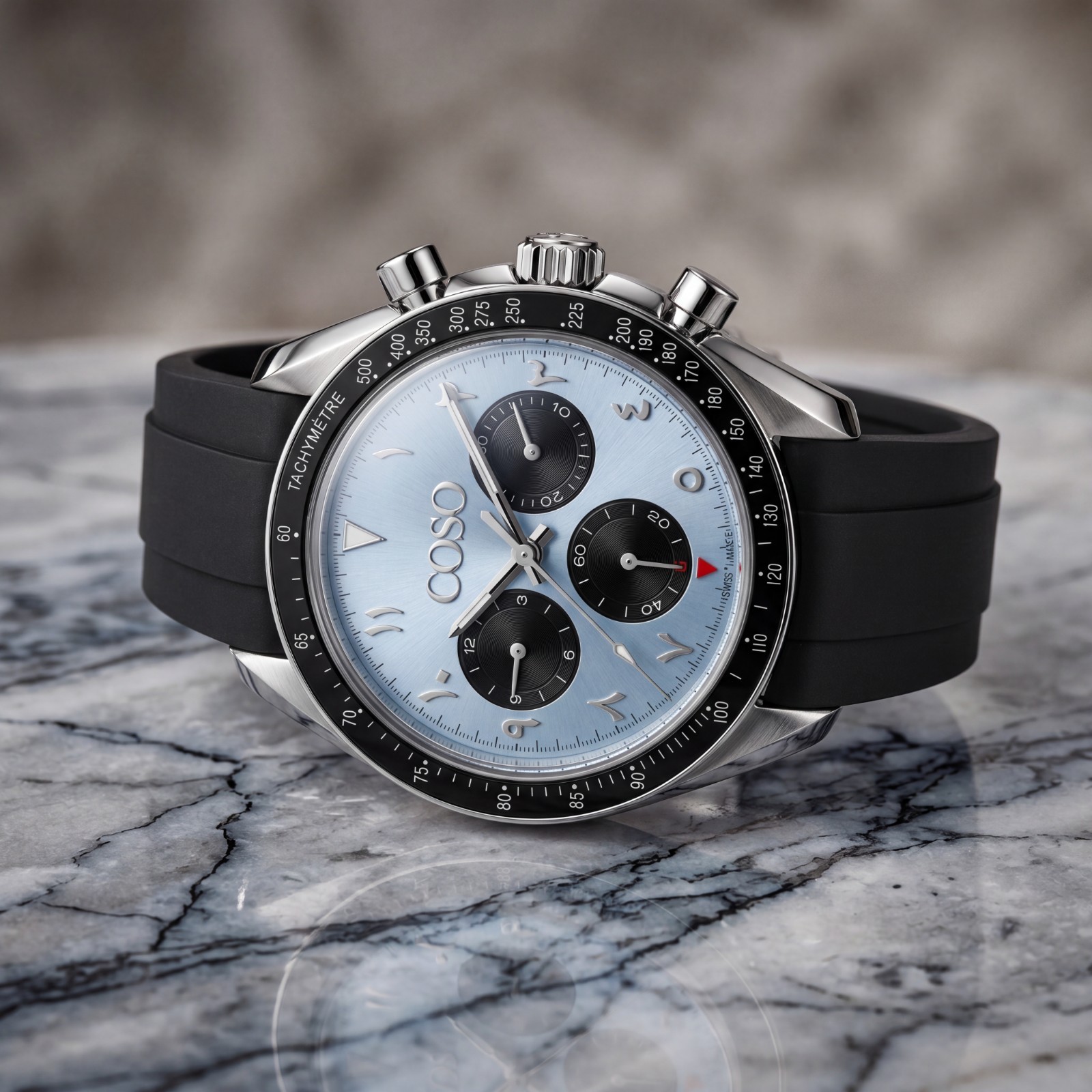COSO Torvex Chronograph Mens Watch Steel Ice Blue Dial Arabic Numerals Rubber