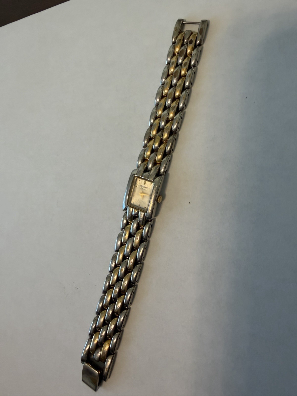 Citizen Analog Wristwatch Women Silver Gold Metal Band White Dial Baton Indexes