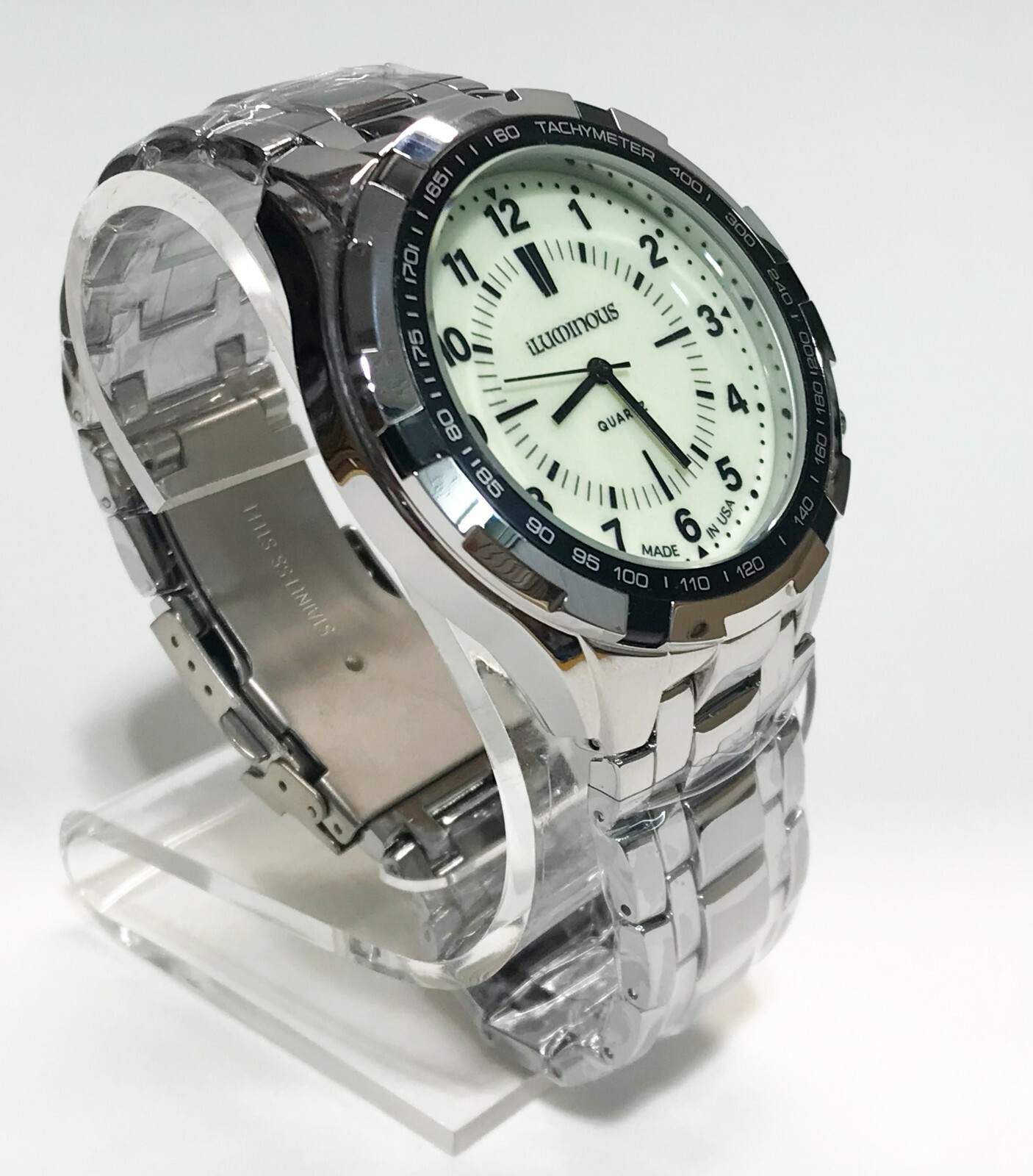 Men’s turquoise luminous dial watch Silver Black 46.5mm case 3atm WR Japan movt