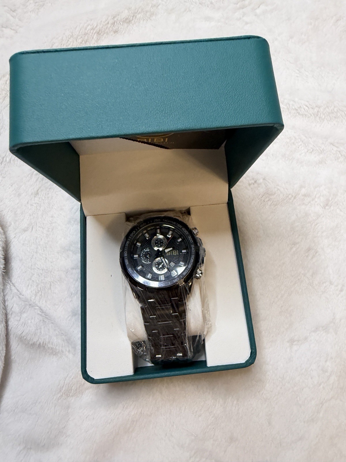 BIBI Men’s Chronograph Watch Black Dial Tachymeter Metal Bracelet w/ Box