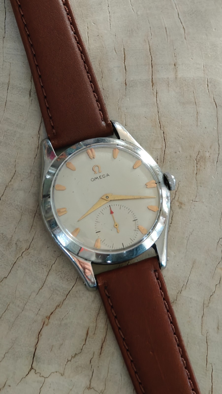 Circa 1952-53 OMEGA bold 36mm all SS, Serviced, looks/runs great, ca. 266!