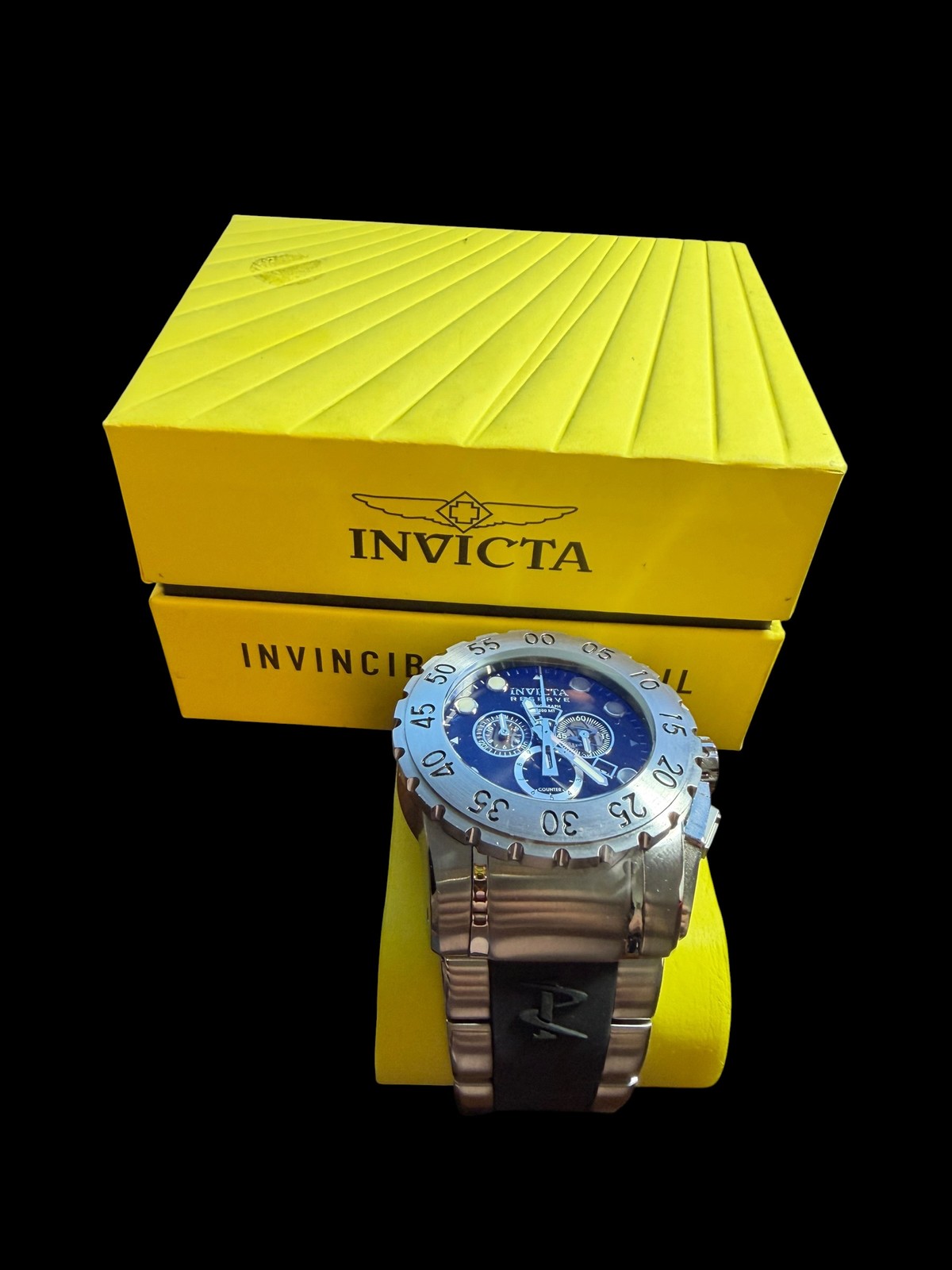 Invicta Reserve Chronograph Men’s Quartz Watch Stainless Steel Black Dial Box