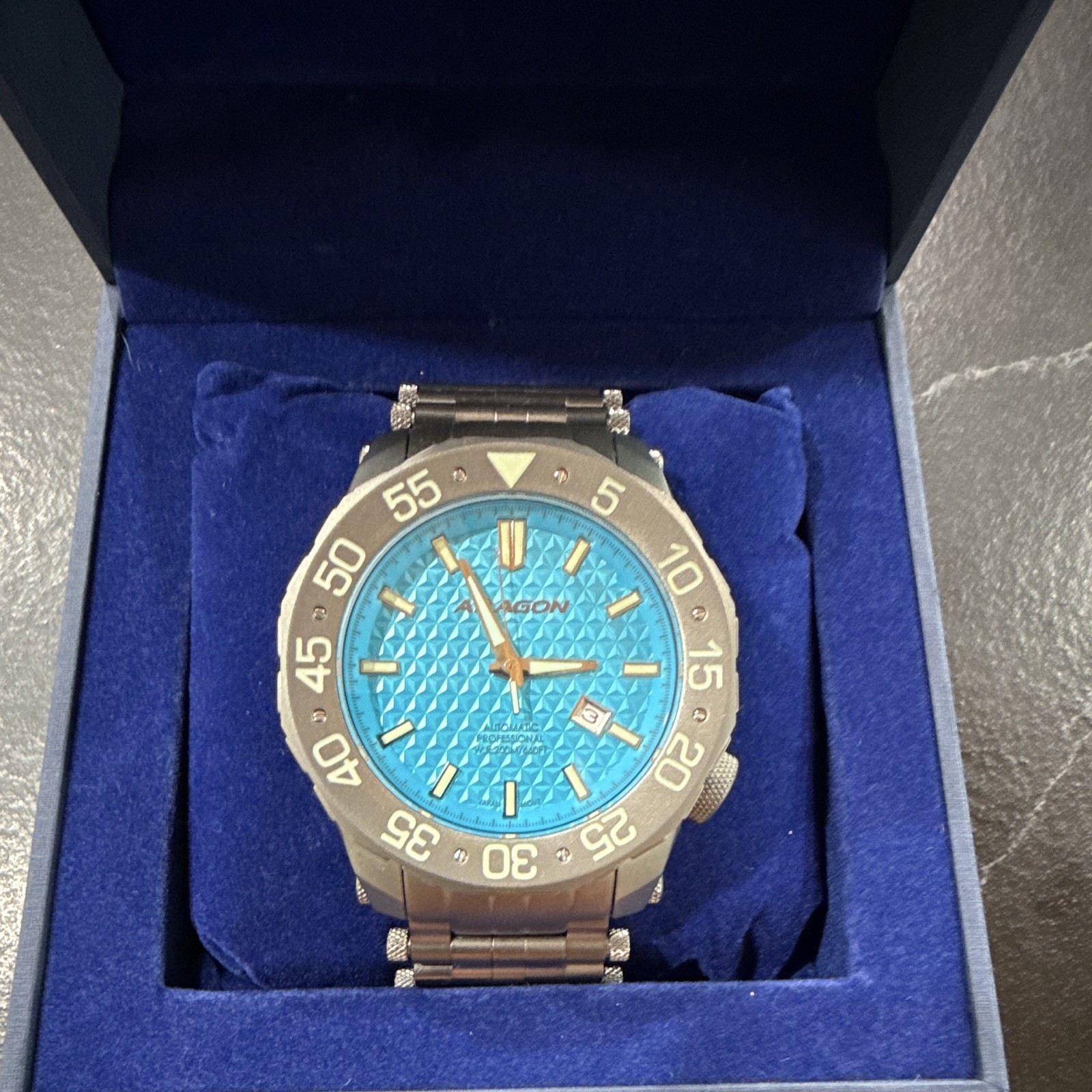 ARAGON Sea Charger Automatic 50mm Diver Blue Dial Titanium SS Bracelet w/ Box