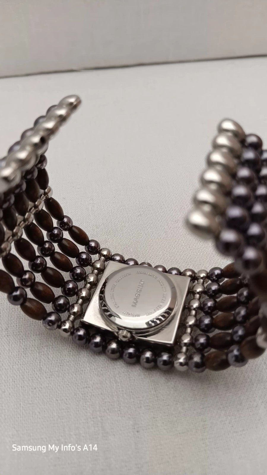 MASSINI WATCH SILVER BALLS & BROWN WOODEN BEADS CUFF BAND. NEW BATTERY.
