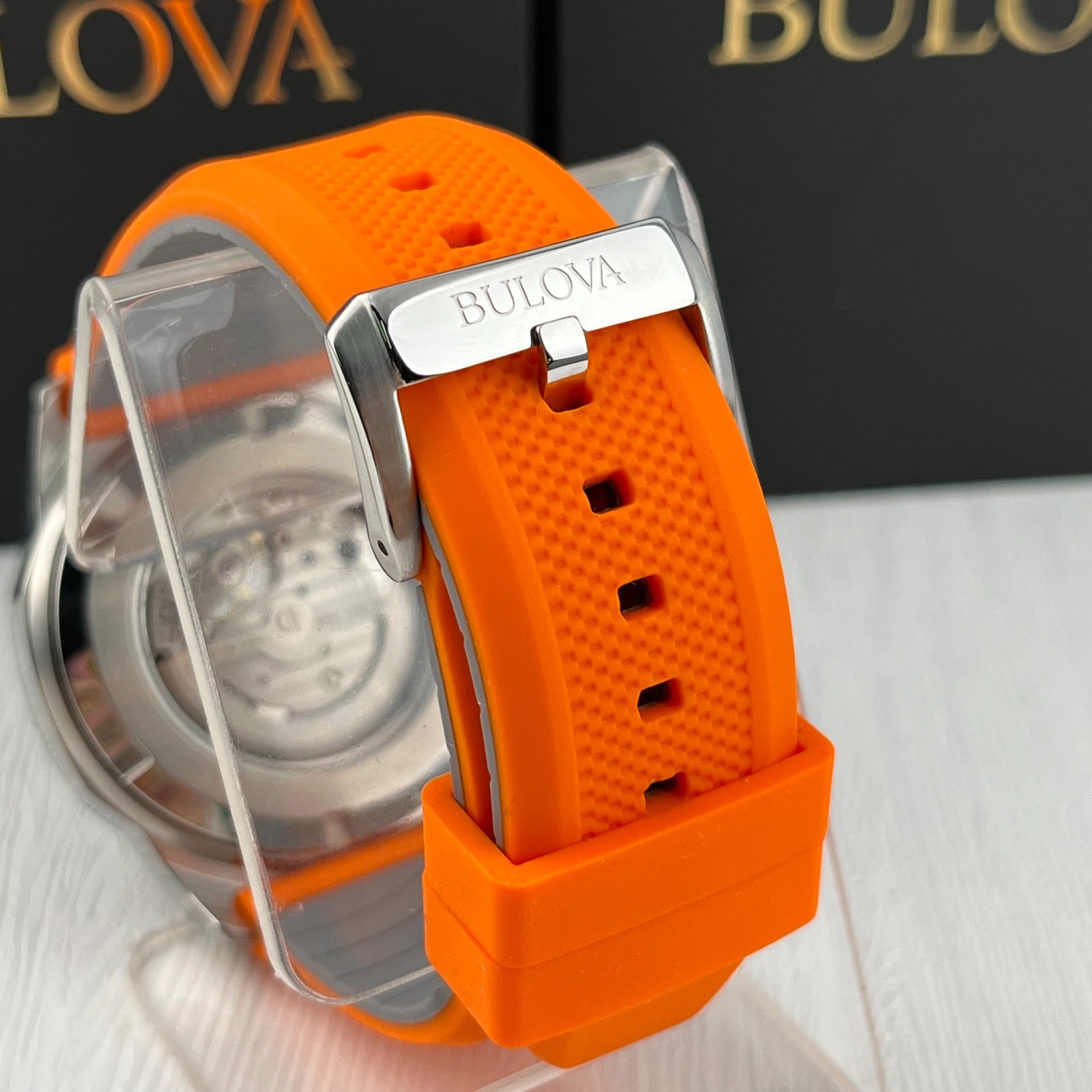 Bulova Marine Star 45mm Whit Dial Silver Case Orange/Grey Silicone Strap 98A226