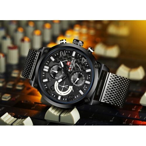 Naviforce Carbon Fiber Wrist Watch Quartz Japan Movement Stainless Mesh Band