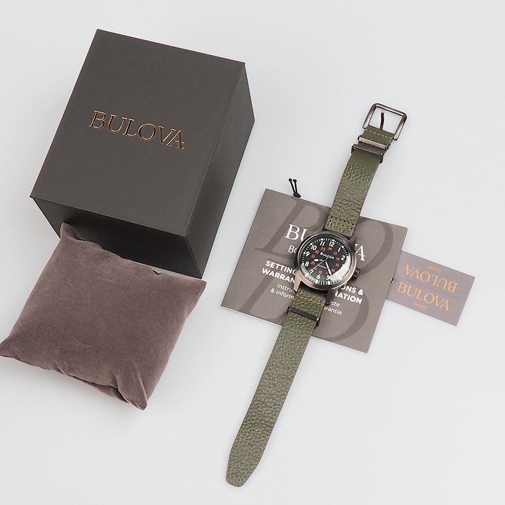 Men’s Bulova Military Hack Black Dial Green Leather Strap Automatic Watch 98A255