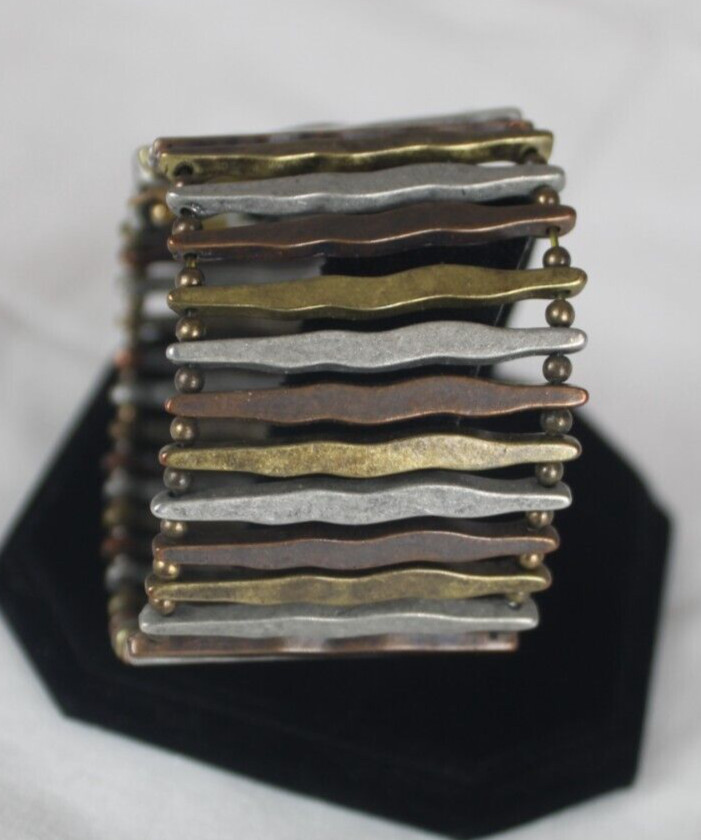 L & J Watch Silver Bronze Earth Tones Boho Woman Bracelet Oval Stretch Metal