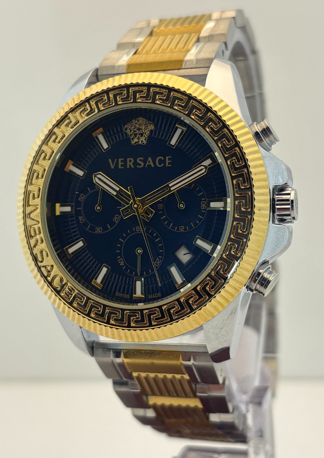 Refurbished Versace Greca Action Chrono Quartz Black Dial Two-Tone Wristwatch