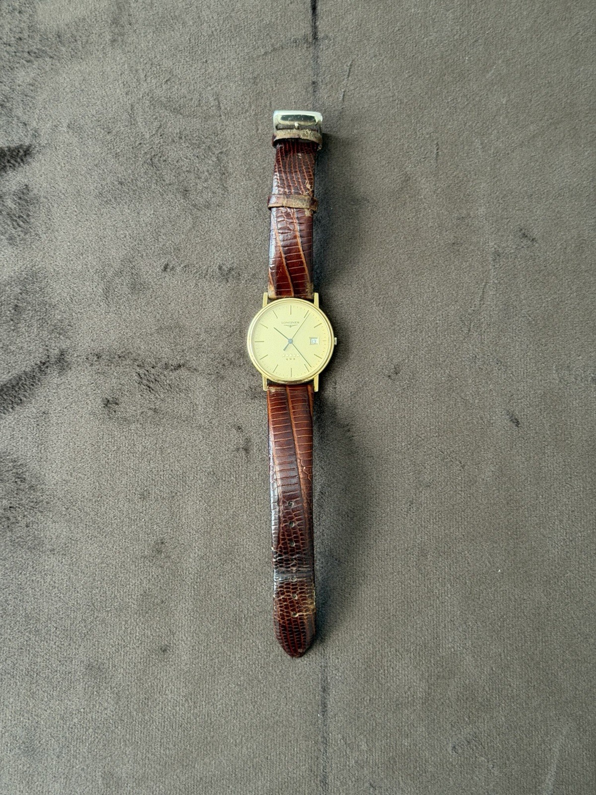 Longines Flagship Men’s Quartz Gold Plated Watch Gold Dial Date Brown Leather