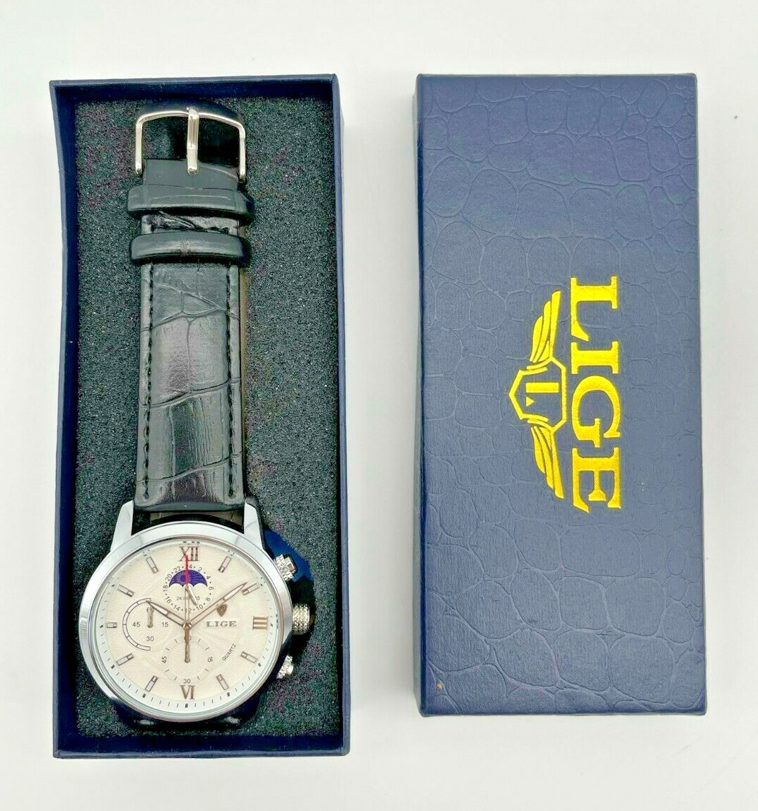 NEW Men’s LIGE Silver Tone Moonphase Chronograph Black Leather Dress Watch