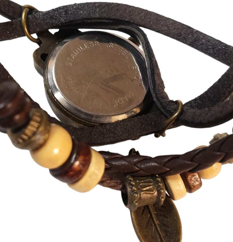 Boho Quartz Analog Watch Braided and Leather Band Leaf Charm Beads Snap Closure