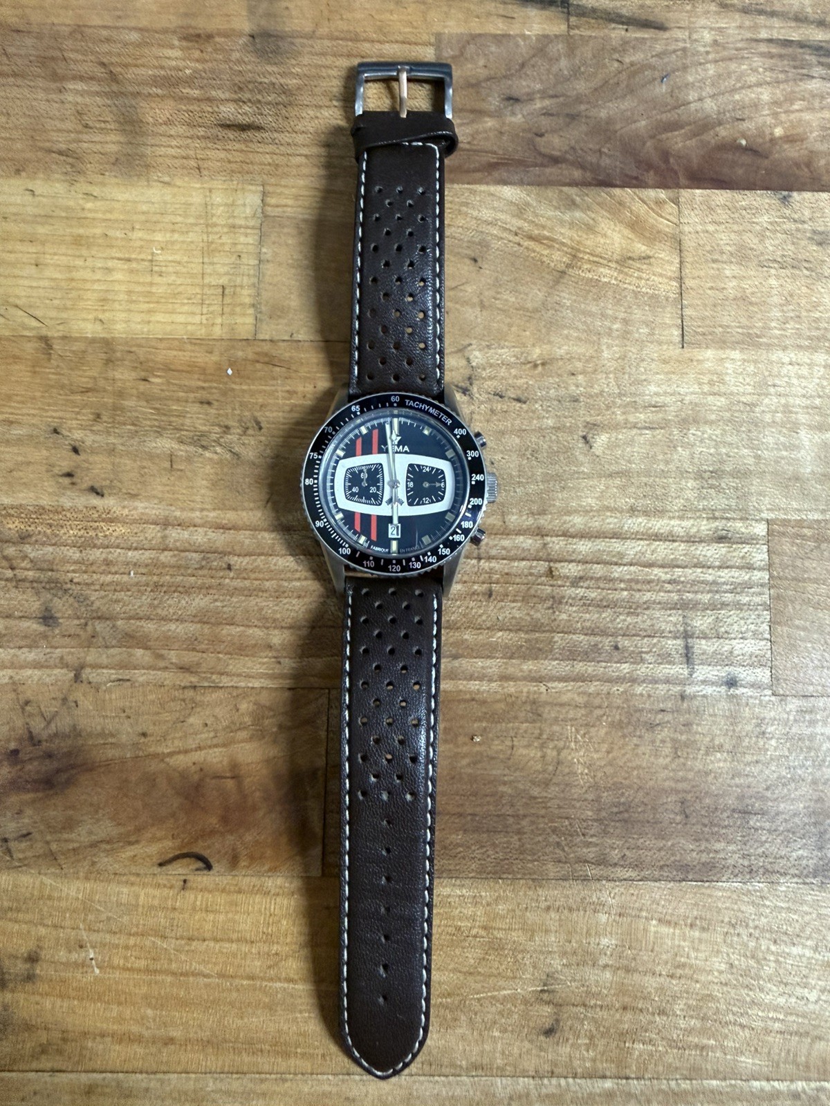 Yema Rallygraf YMHF1479 Chronograph Men’s Sport Watch Silver Leather Band
