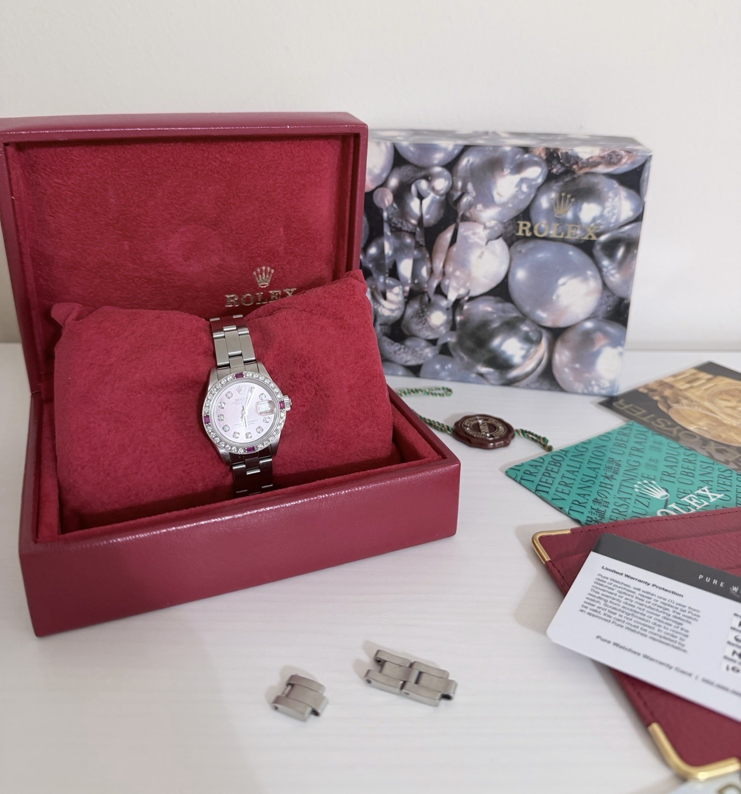 ROLEX Lady Datejust Pink Dial Ruby Diamond 18K White Gold Stainless Steel Watch