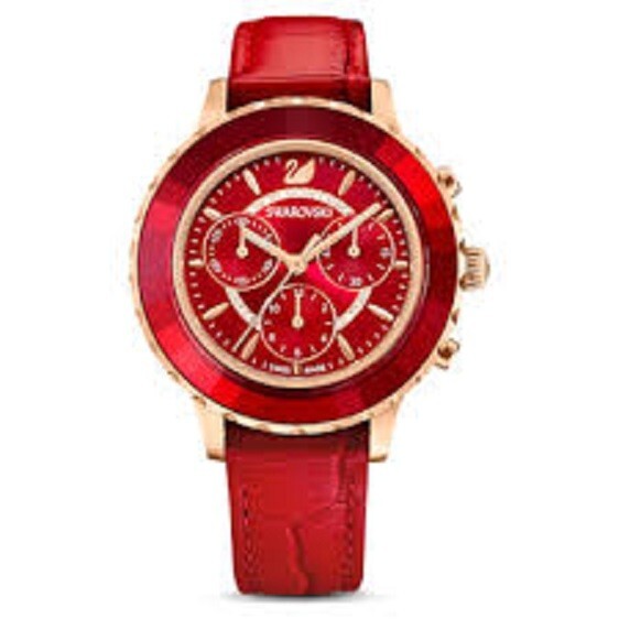 Swarovski Octea Lux Chrono,  Red Leather Rose Gold Tone Women’s Watch 5646975