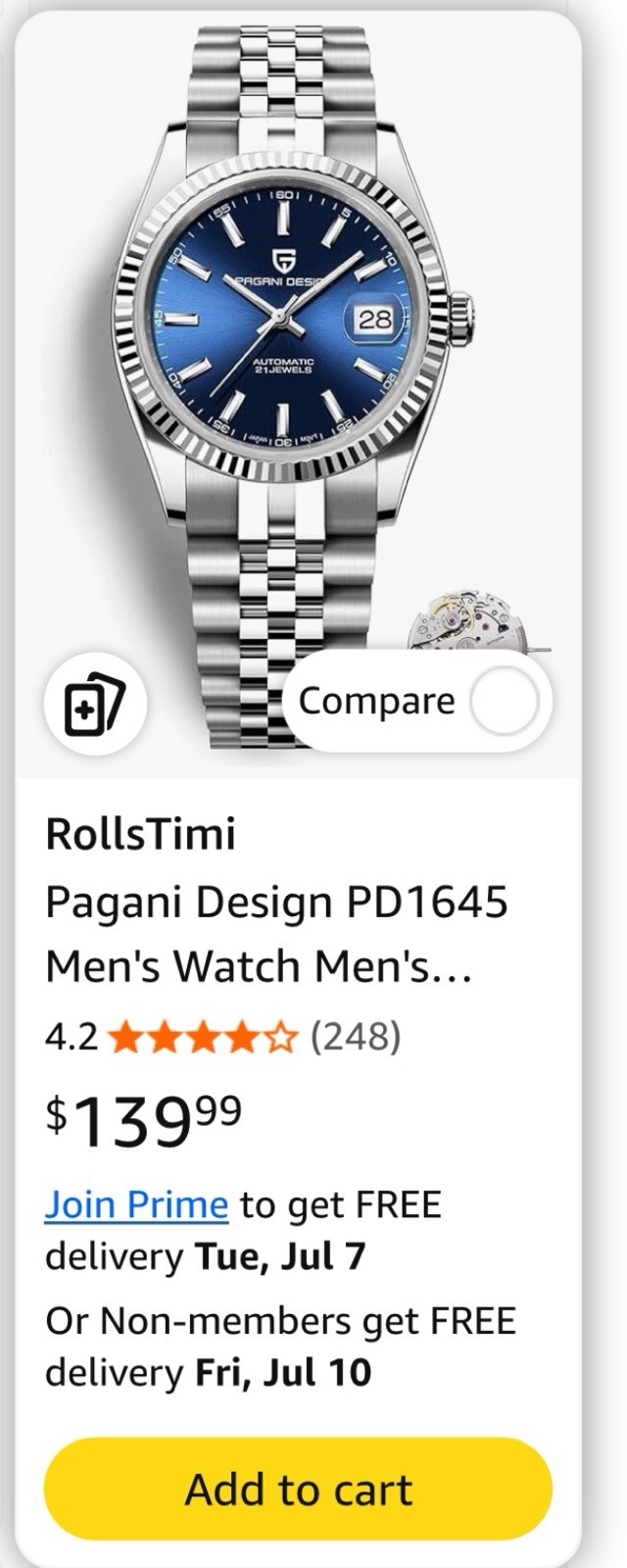 Pagani Design PD1645 Automatic Men’s Watch Blue Dial Date SS Silver Bracelet