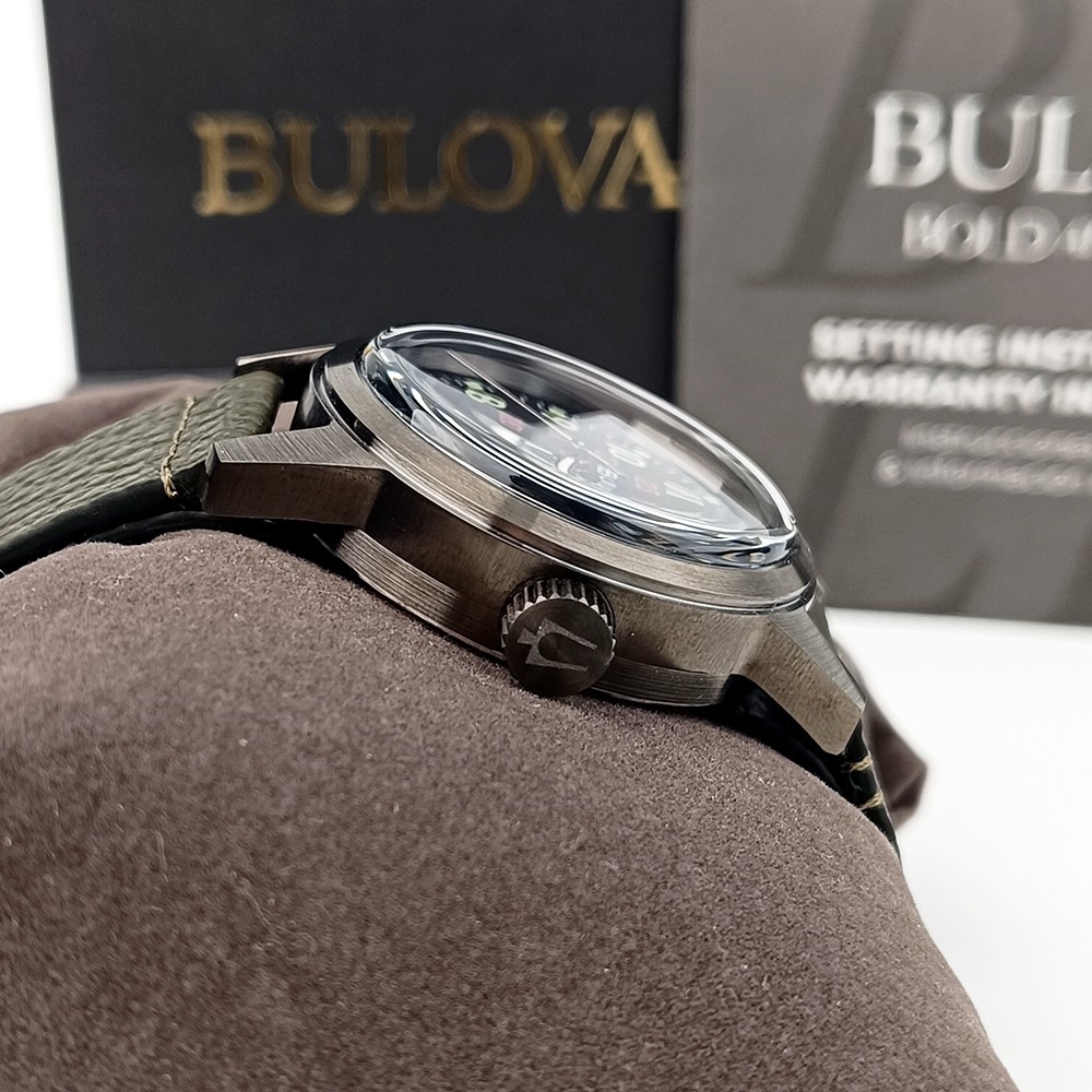 Bulova Military Hack 98A255 Black Dial Green Leather Strap Automatic Men’s Watch