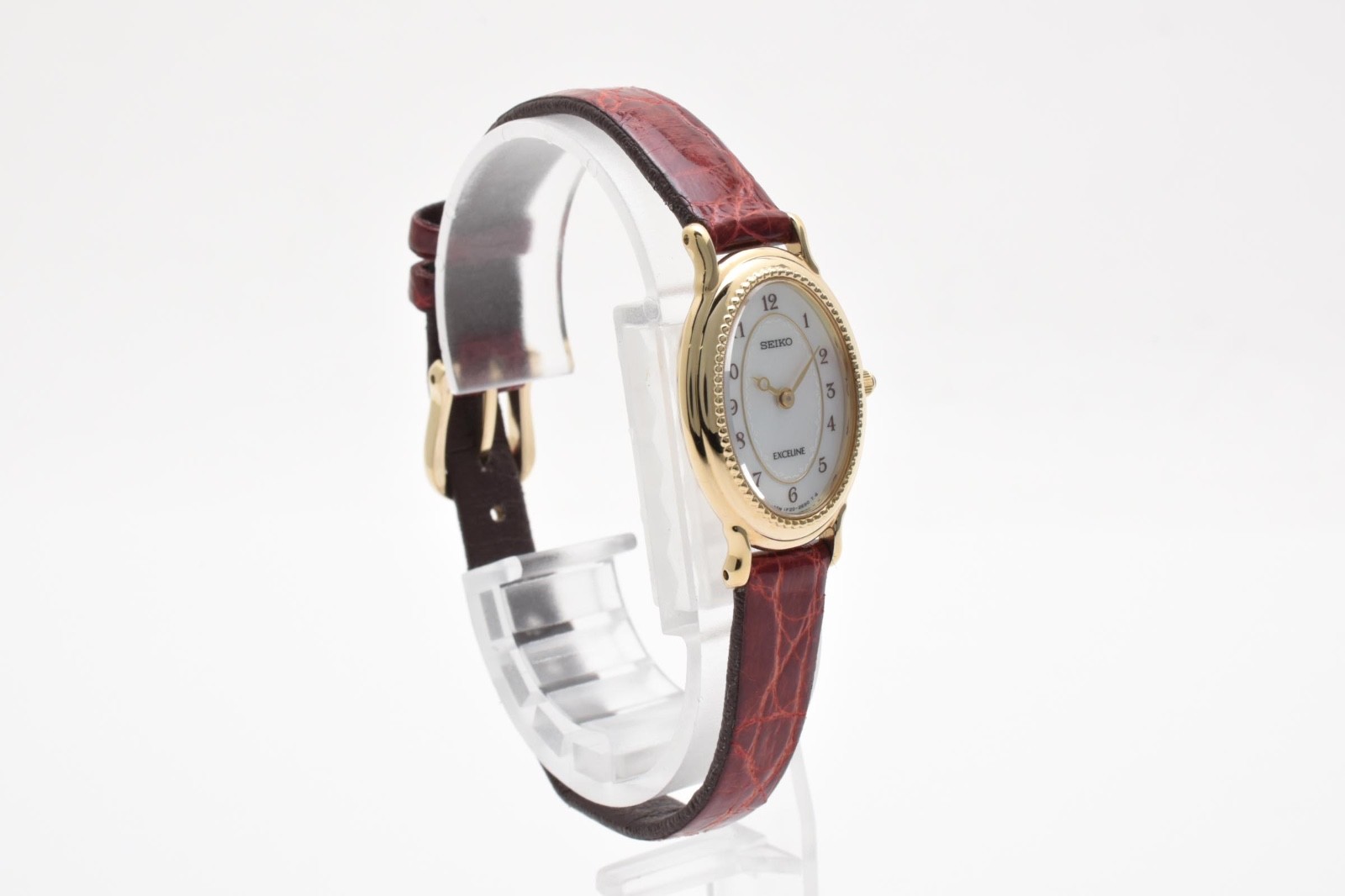 [Mint] SEIKO Exceline 1F20-6A4A Gold MOP Dial Red Leather Quartz Women’s Watch