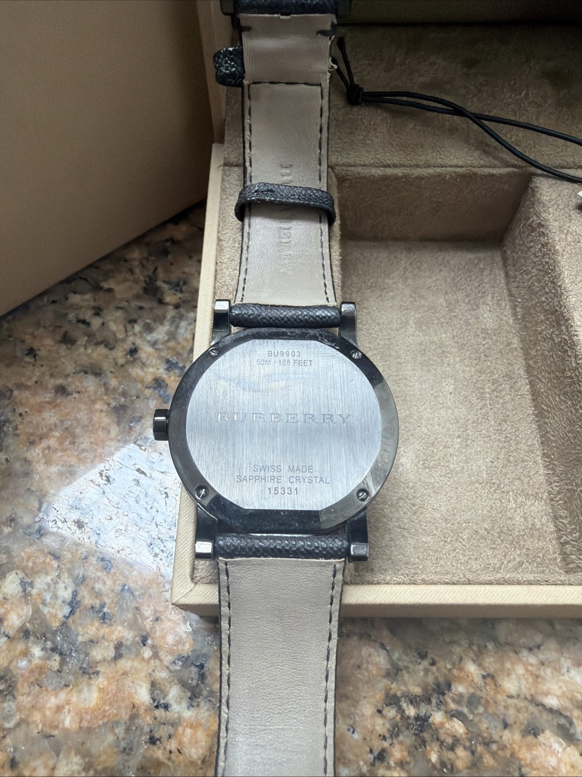 Burberry The City 42mm Black Stainless Steel Case and Black Leather Band, Men’s
