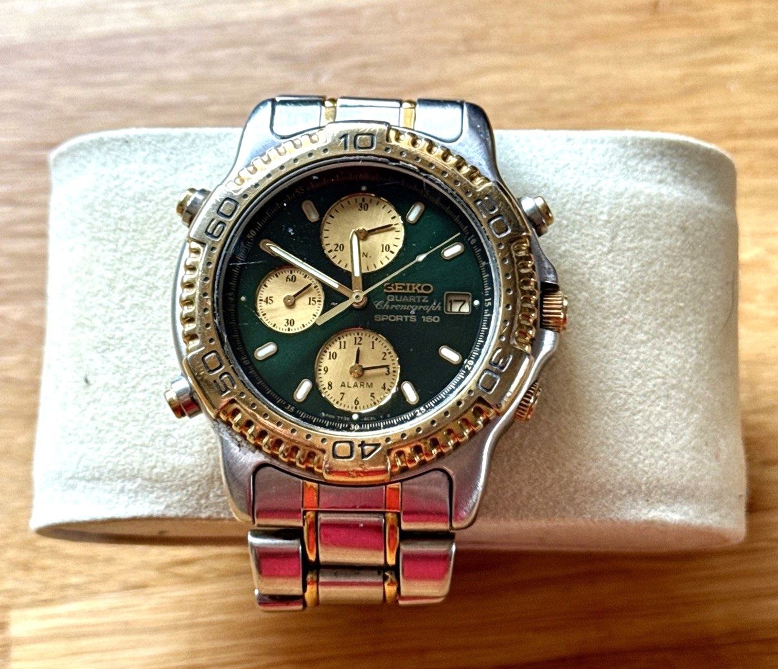 Rare 1989 Seiko Chronograph Sports 150 Watch Green Dial Two Tone Date