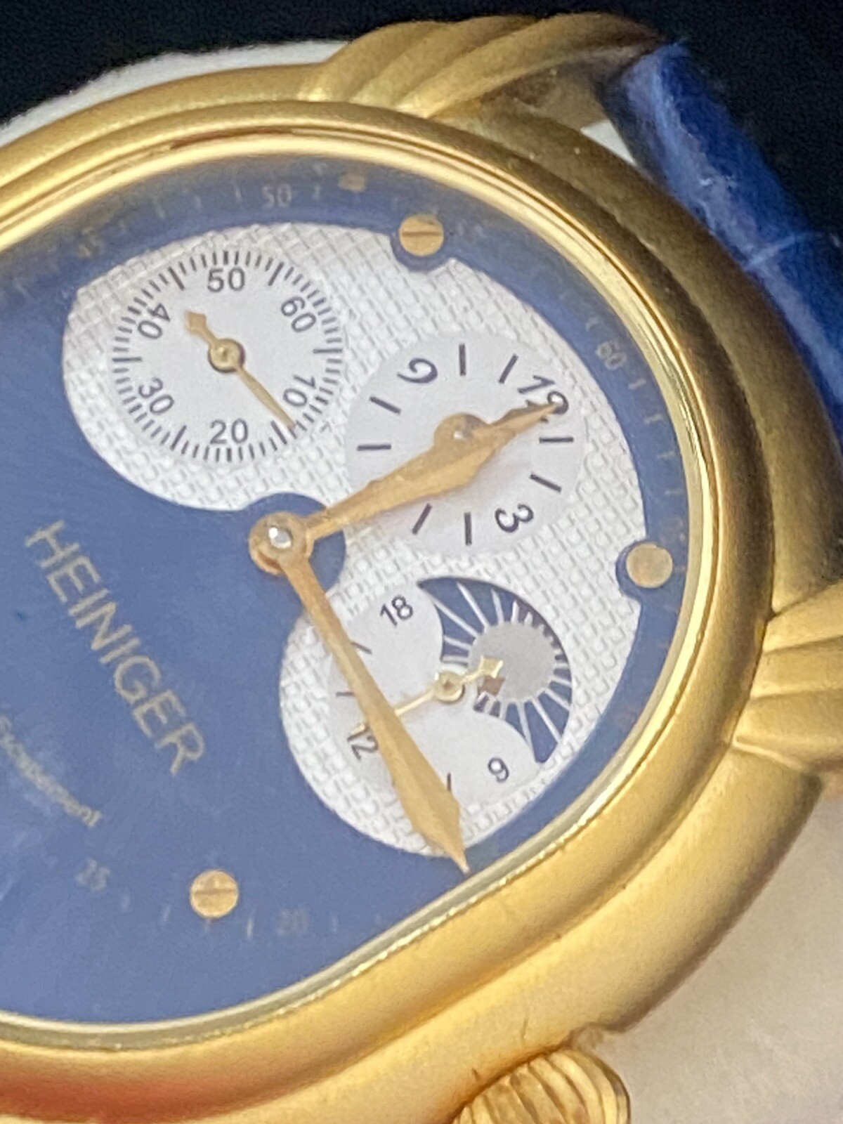 Heiniger Mechanical Watch Swiss Lever Escapement Brass Housing Blue Leather band