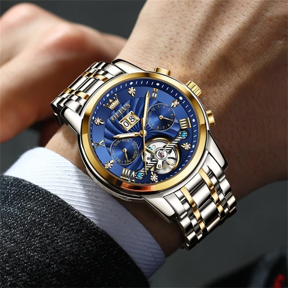 Automatic Men’s Skeleton Tourbillon Watch, Luxury Diamond Dress Wristwatch, Wate