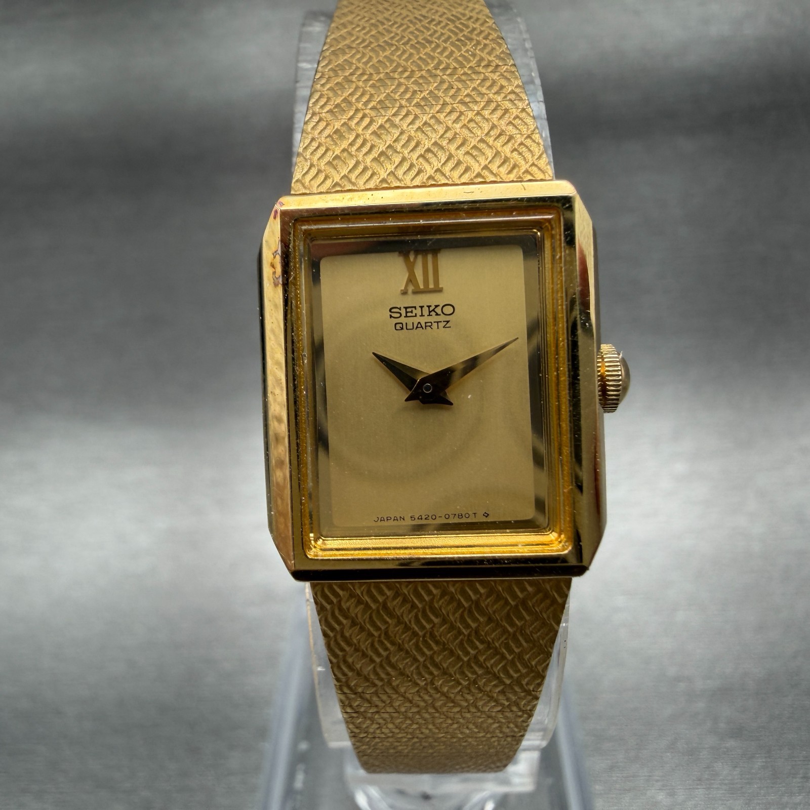 Seiko Tank Watch Women 17mm Champagne Dial Gold Tone 5420-5399 New Battery NOS