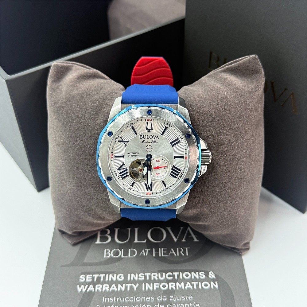 Bulova Men’s Marine Star Automatic White Dial Blue Rubber Strap Watch 98A225