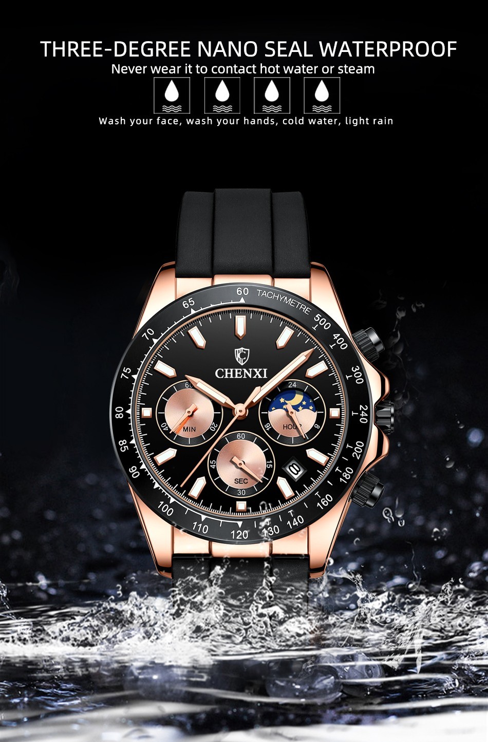 CHENXI Men’s Rose Luminous Calendar Chronograph Moon Phase Business Quartz Watch