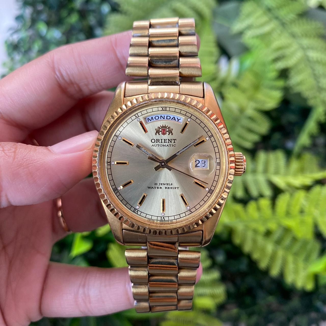 Rare Orient President Automatic 46E0901-90 Gold Dial Baton Day Date 1990s Watch