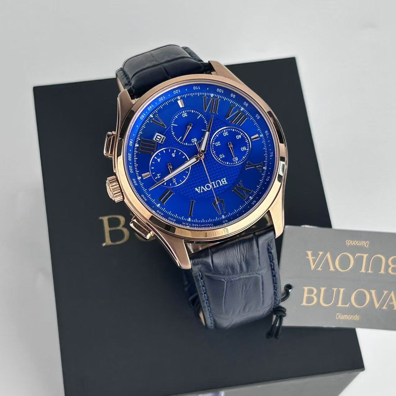Bulova Wilton Classic 97B170 Blue Dial Leather Strap Men’s Quartz Watch 46.5 mm
