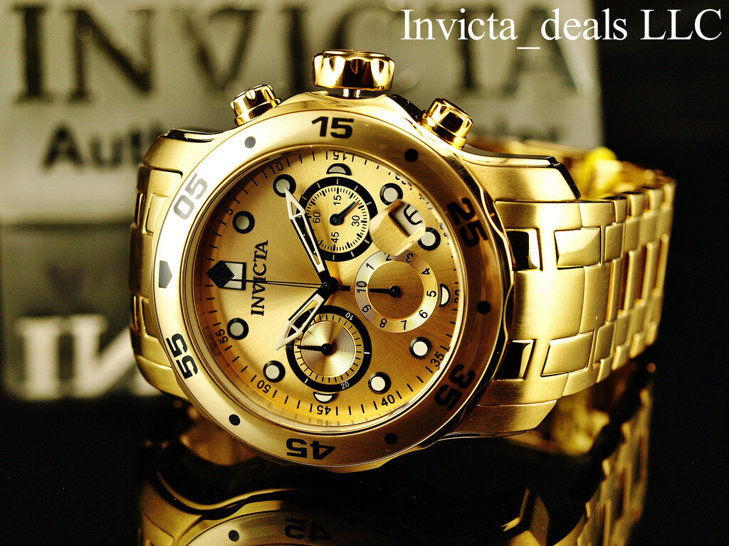 Invicta Men’s 48mm PRO DIVER Scuba Chronograph Gold Dial 18K Gold Plated Watch