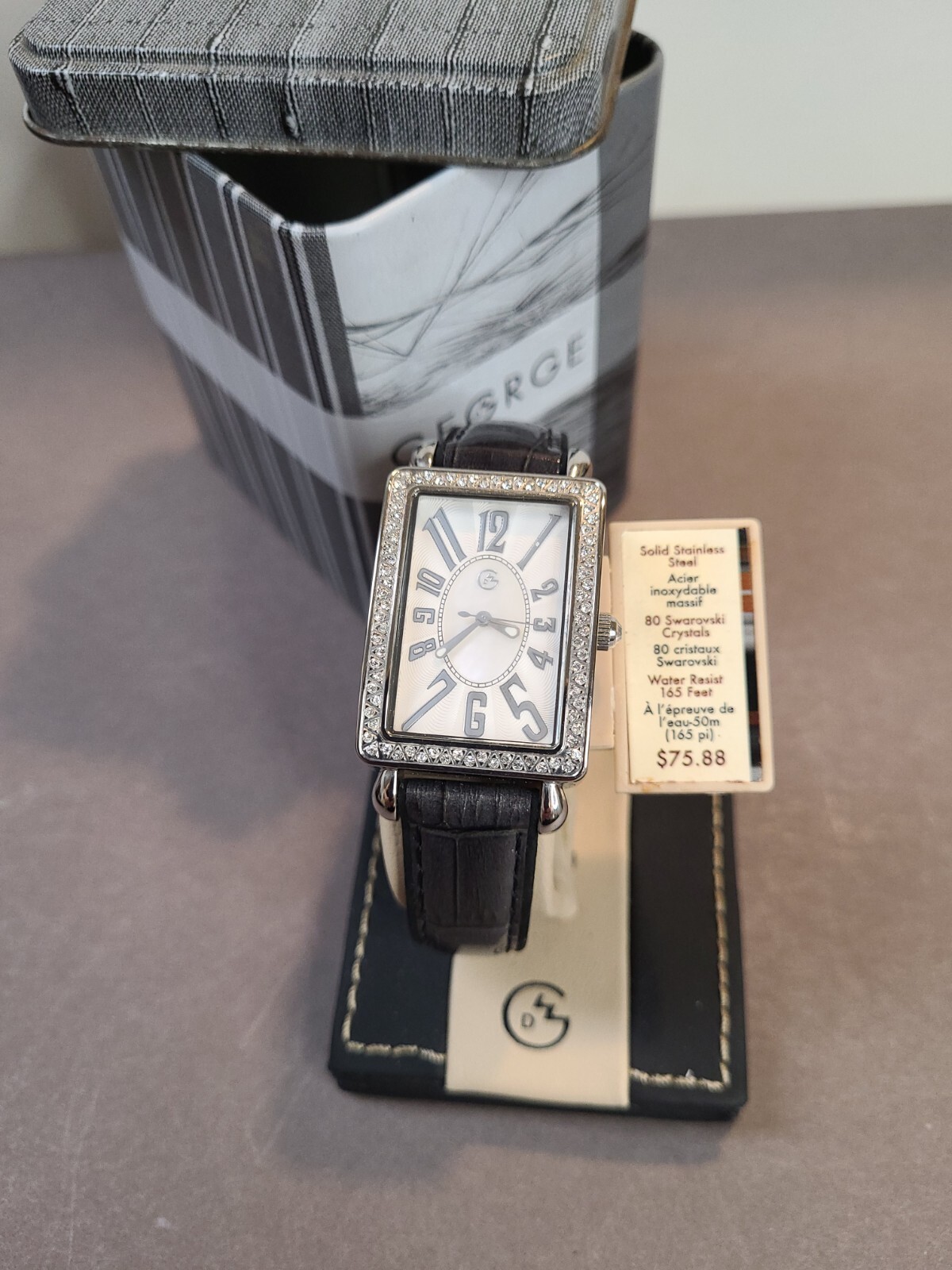 Women’s Fashion Watch-George – Ivory Face w/Crystal Accents Black Leather Band