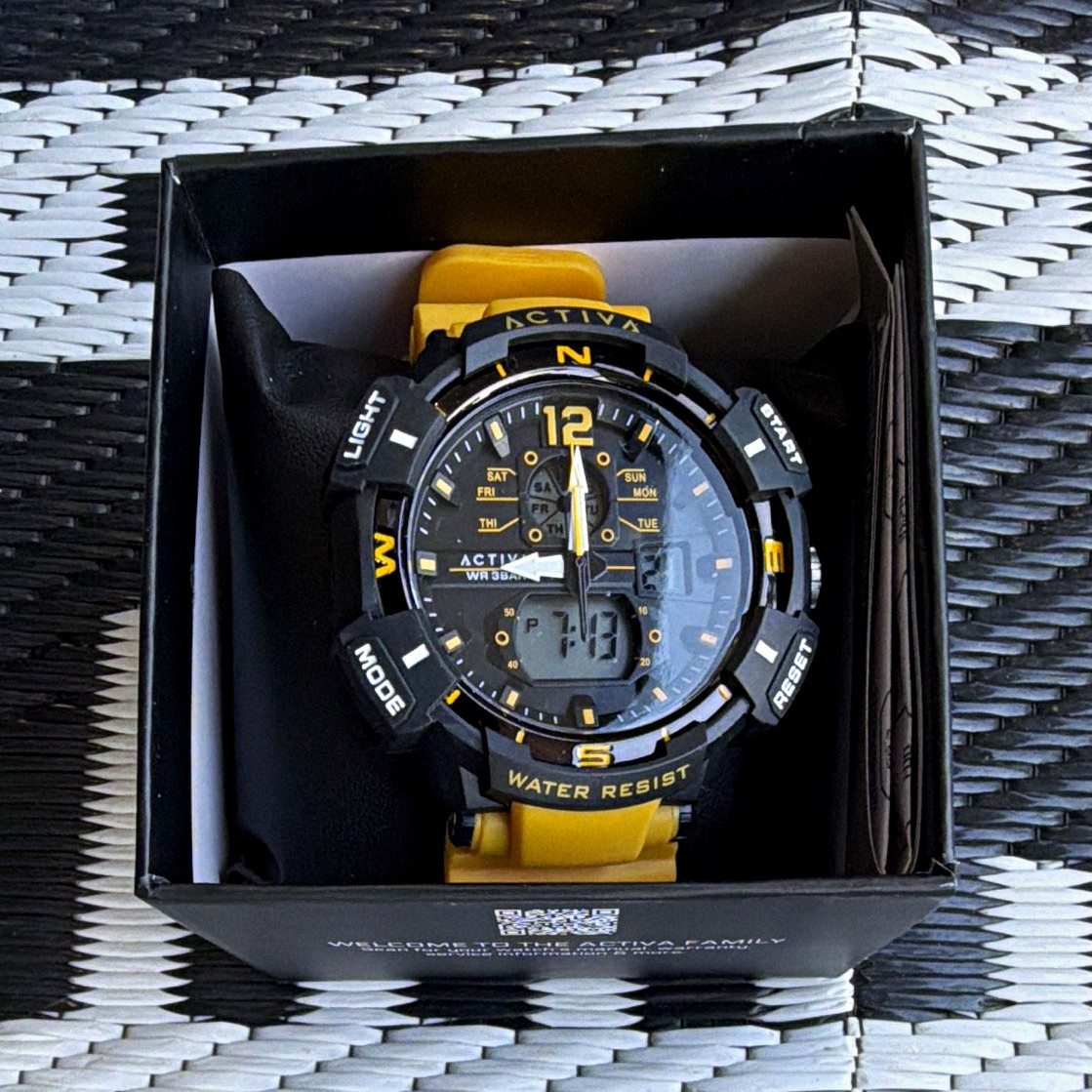 ACTIVA Men’s Analog-Digital Quartz Day/Date Black Dial Yellow Rubber Strap Box