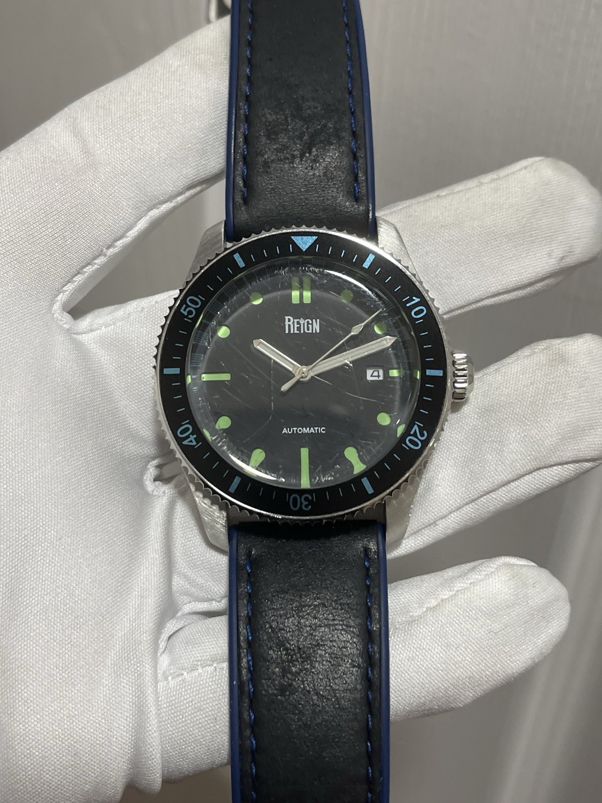 Reign Elijah Automatic Rubber Inlaid Leather-Band Watch W/Date – Black/Blue
