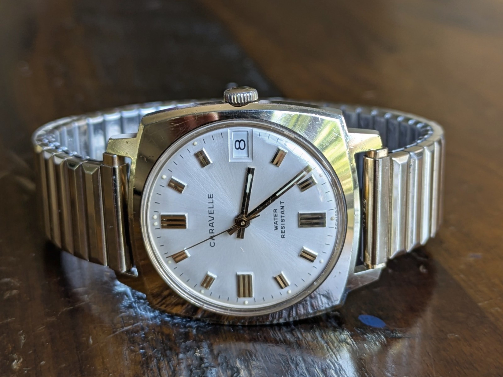 1972 Caravelle Watch Cushion Style Manual Wind Movement Swiss Made 32m Runs Fast