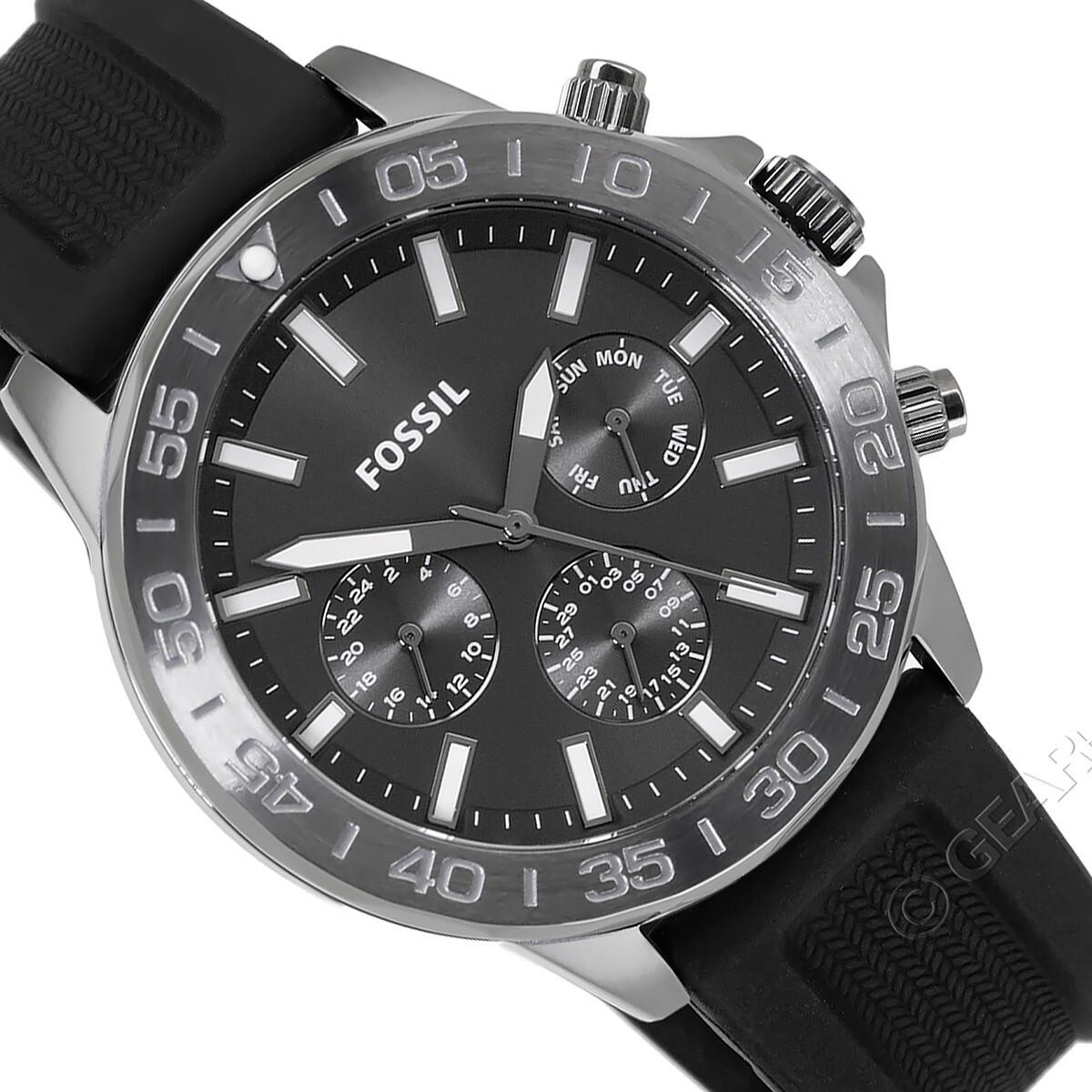FOSSIL Bannon Mens Dark Gray Multifunction Watch, Day Date, Black Silicone Band