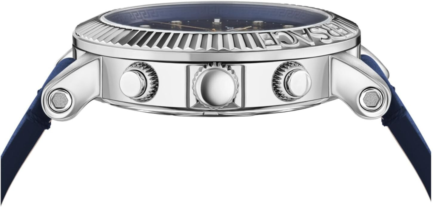 Versace Mens V-Chrono Watch Classic 45mm Strap Watch Blue Guilloche Dial Swiss