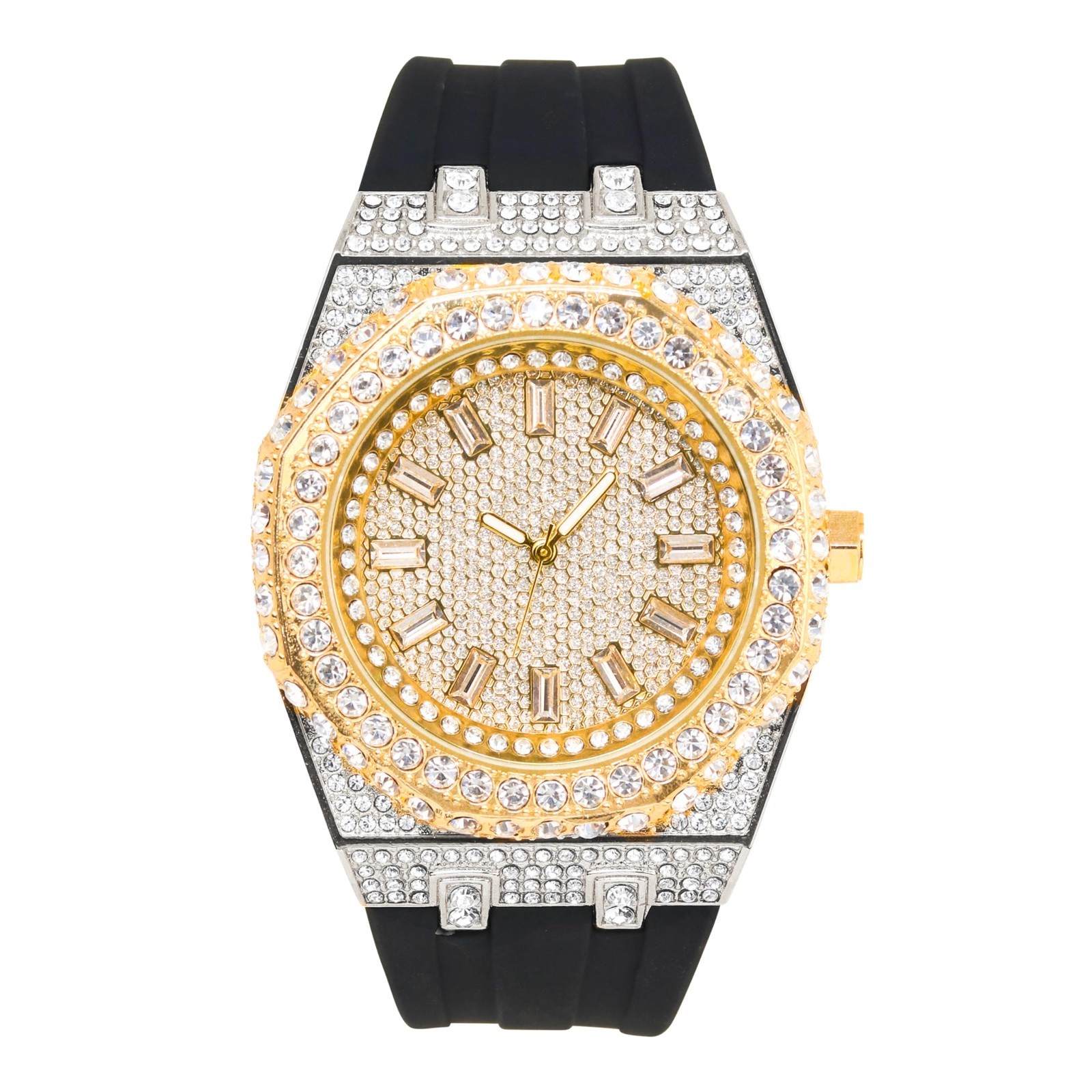 Men’s 43mm Octagonal Dial Iced Out Watch, Silicone Band, Baguette Style