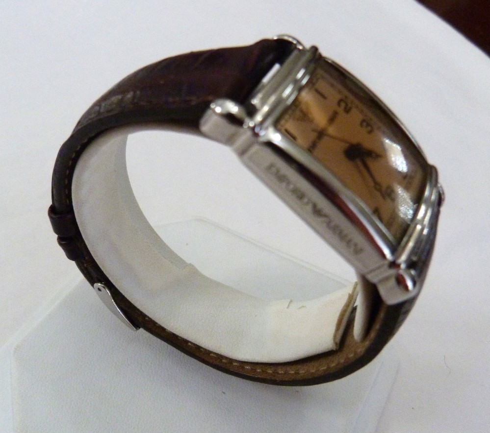 EMPORIO ARMANI AR0204 TANK BROWN LEATHER ADJUSTABLE BAND WRIST WATCH