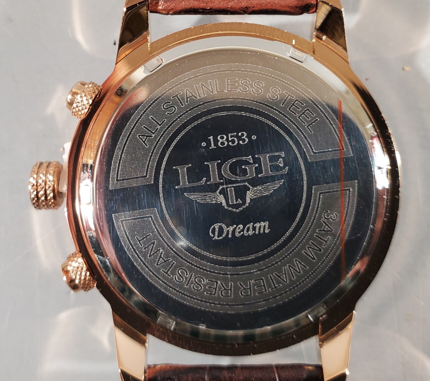 LIGE STAINLESS STEEL CHRONOMETER WRISTWATCH, FAUX ALLIGATOR BAND NIB