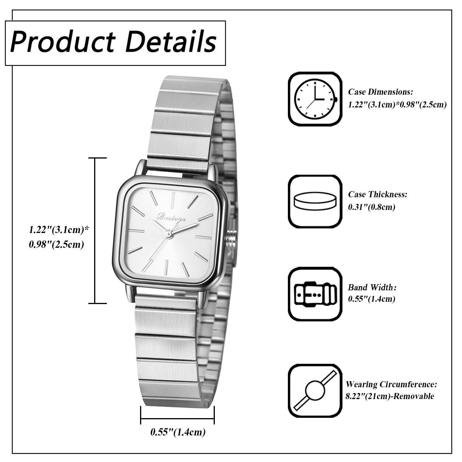Womens Classic Square Quartz Analog Stainless Steel Wrist Watch Gift Simple Dial