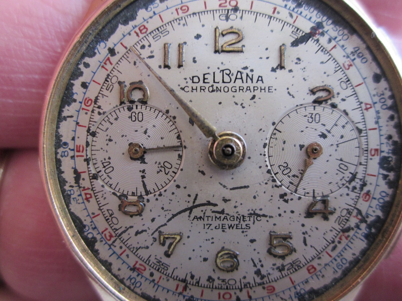 DelBana Chrono Mens Watch c1930s 18K Gold OffWhite Dial CLEAN AS IS G2U