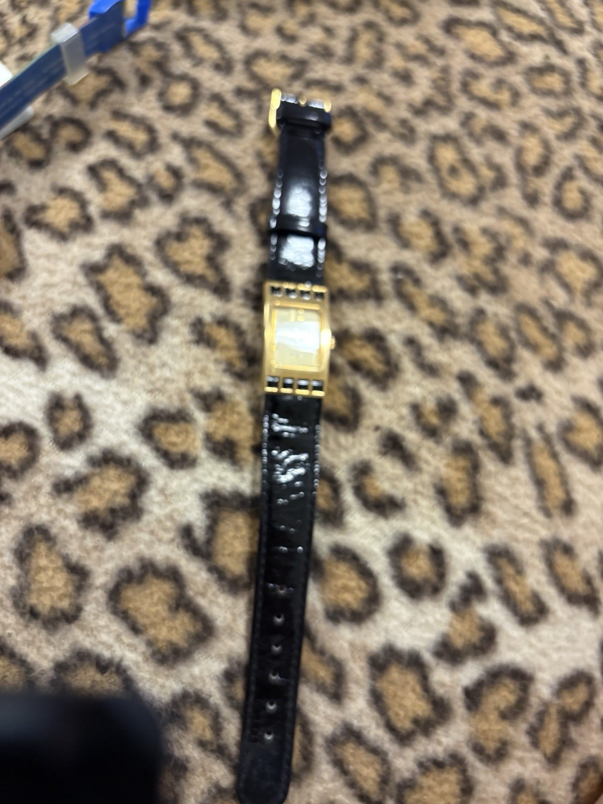 Women’s Analog Rectangular Wristwatch Gold Tone Case/Bezel Black Leather 16mm