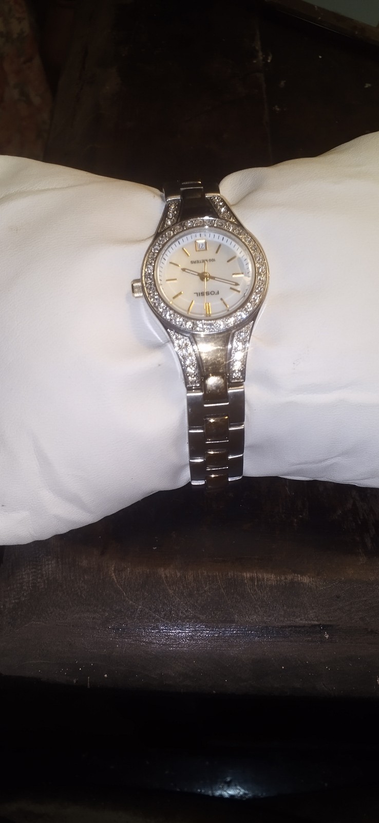 FOSSIL Blue AM-4019 Crystals Inlay Quartz Women’s Watch Sz. 6″ New Battery